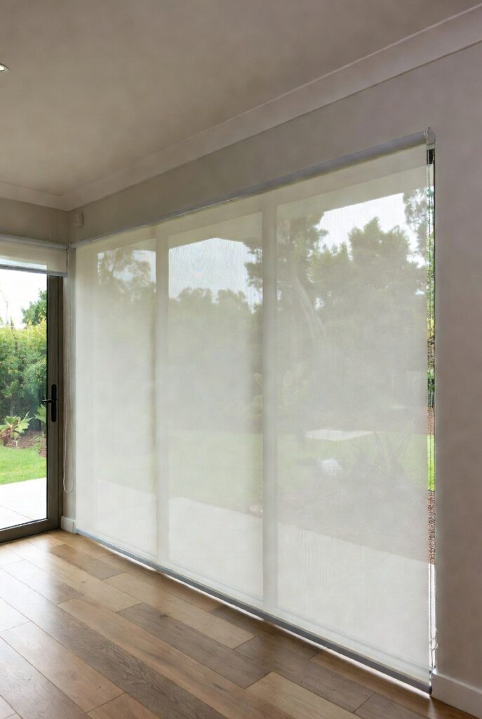 Sheer roller blinds filtering natural light with garden views visible through the fabric — installed by Custom Blinds