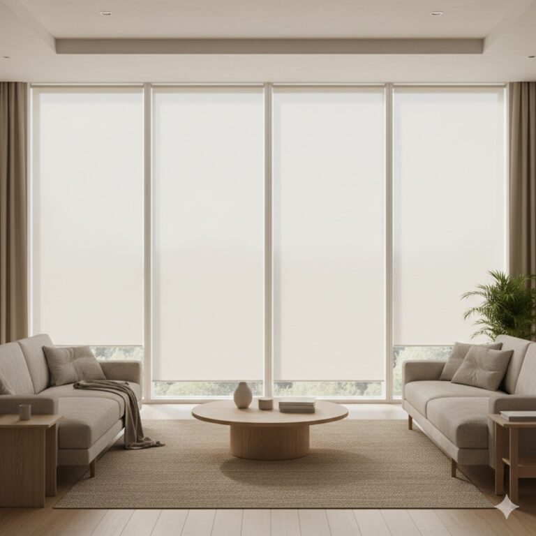 Sheer roller blind in a modern South African lounge — filtered daylight with garden views preserved