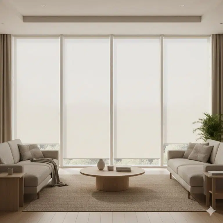 Sheer roller blind in a modern South African lounge — filtered daylight with garden views preserved