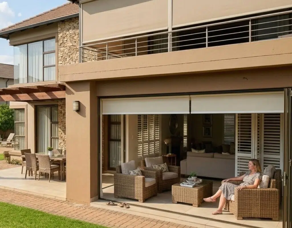 Outdoor roller blinds and indoor shutters on a Gauteng estate home with stone cladding and patio furniture