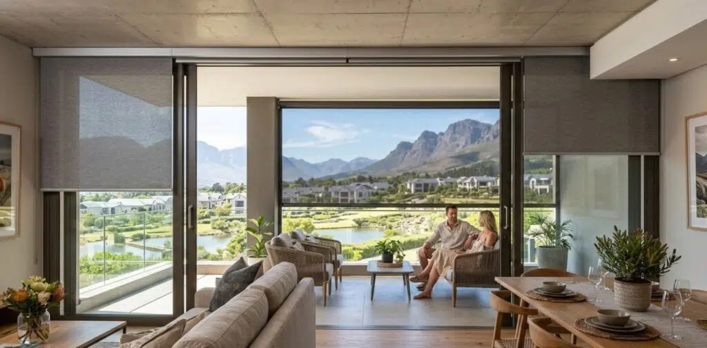 Modern estate home with indoor roller blinds and mountain views in the Cape Winelands South Africa