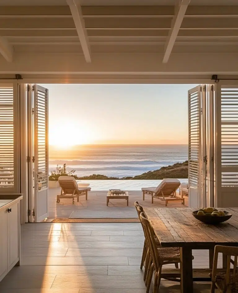 Aluminium security shutters on a Garden Route home open to unobstructed beach views, secure when closed