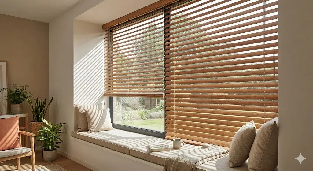 Luxury South African interior with wood-finish venetian blinds filtering natural light
