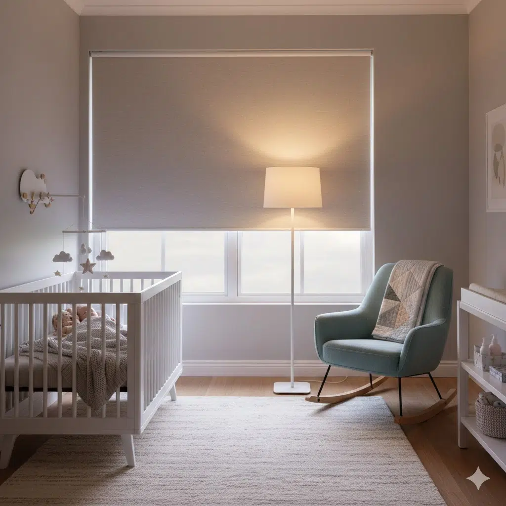 Sheer roller blind diffusing sunlight in lounge.