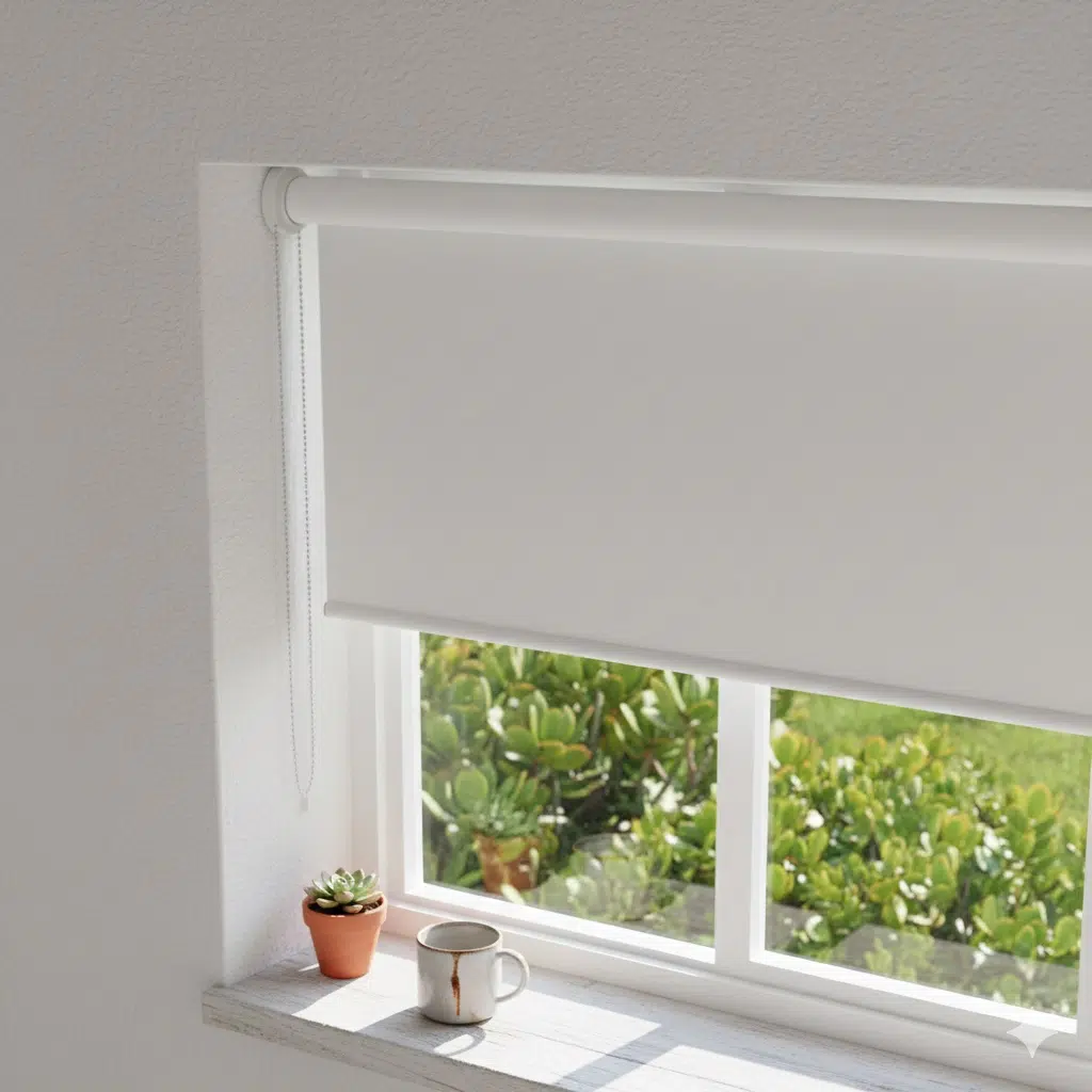 No-drill tension mount roller blind fitted inside a window frame without screws. Ideal for rental properties and student accommodation in South Africa