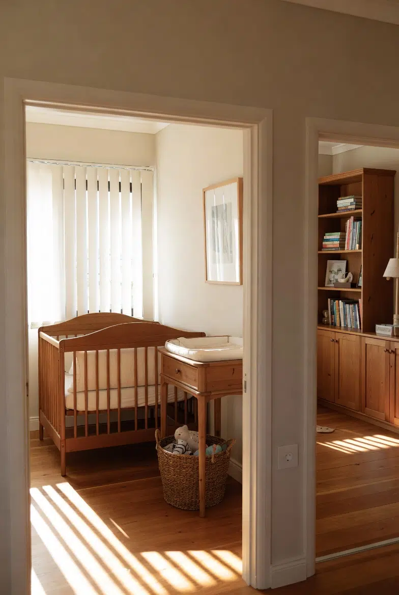 Vertical blinds filtering soft light in a nursery with wooden cot and warm timber floors