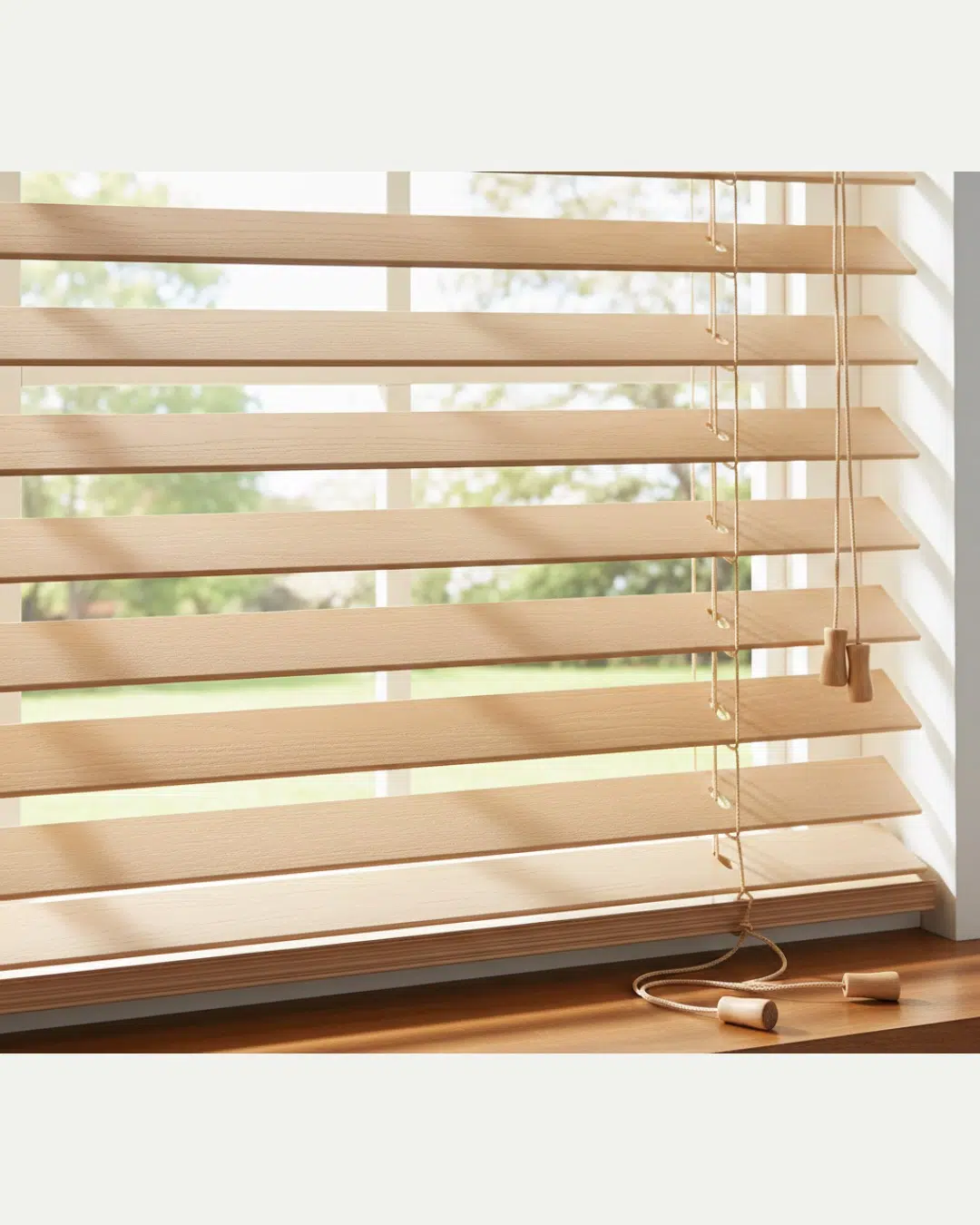 Real wood venetian blind slats with cord and wooden toggles filtering garden light, Custom Blinds South Africa