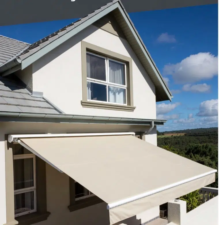 Fall arm awning on a residential home in Wilderness, Garden Route, with views over indigenous forest