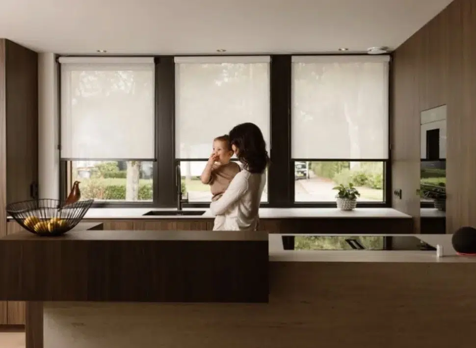 Child-safe MotionBlinds motorised roller blinds in a modern kitchen, no cords or chains, Custom Blinds South Africa