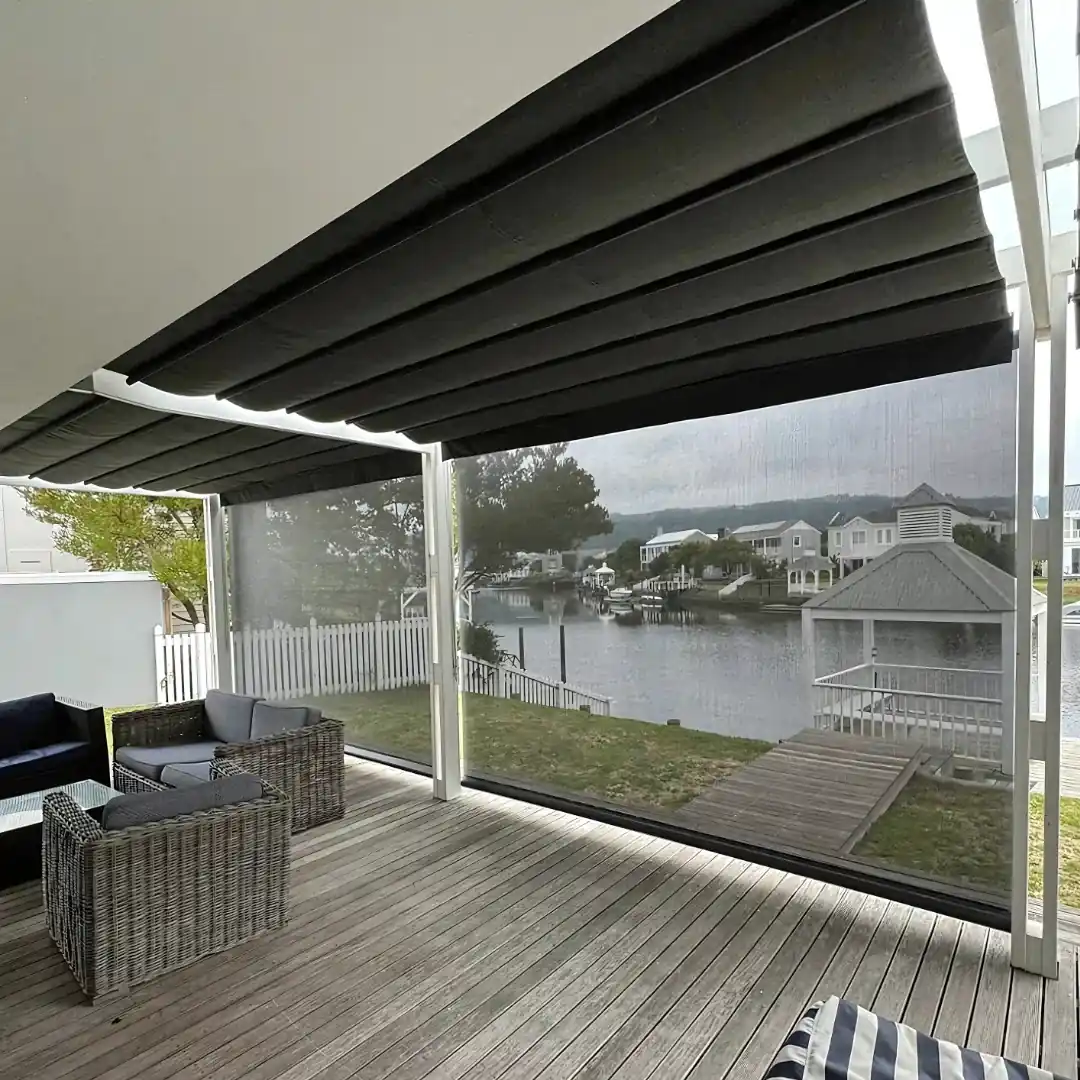 Outdoor blinds installed on a Thesen Island waterfront patio, Knysna
