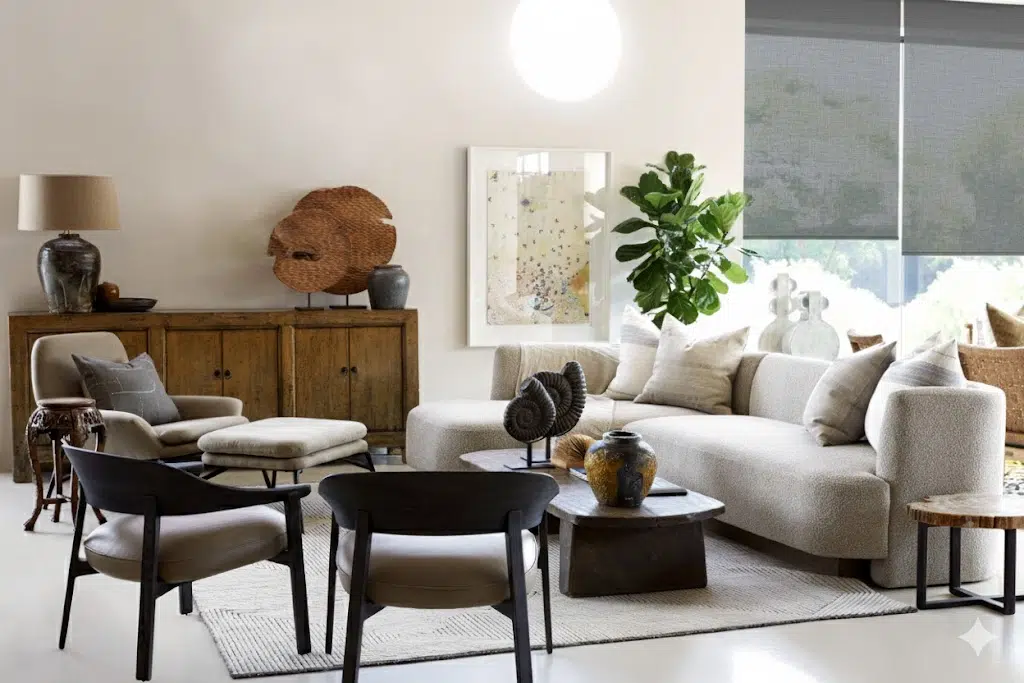 Sheer roller blind in a designer living room with contemporary furniture and natural light