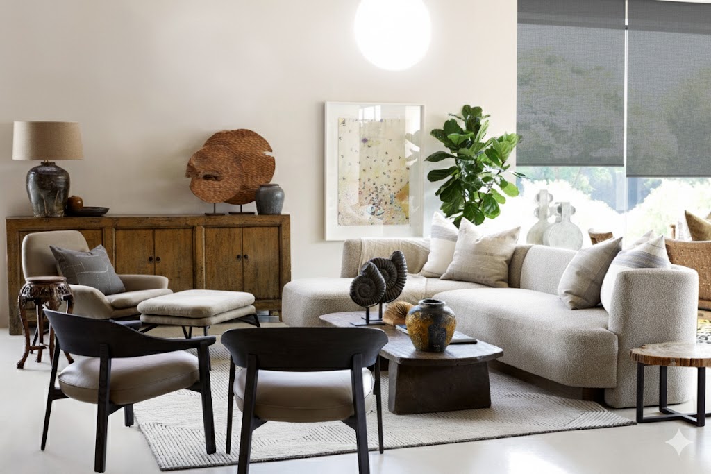 Sheer roller blinds filtering natural light in a living room while preserving the view