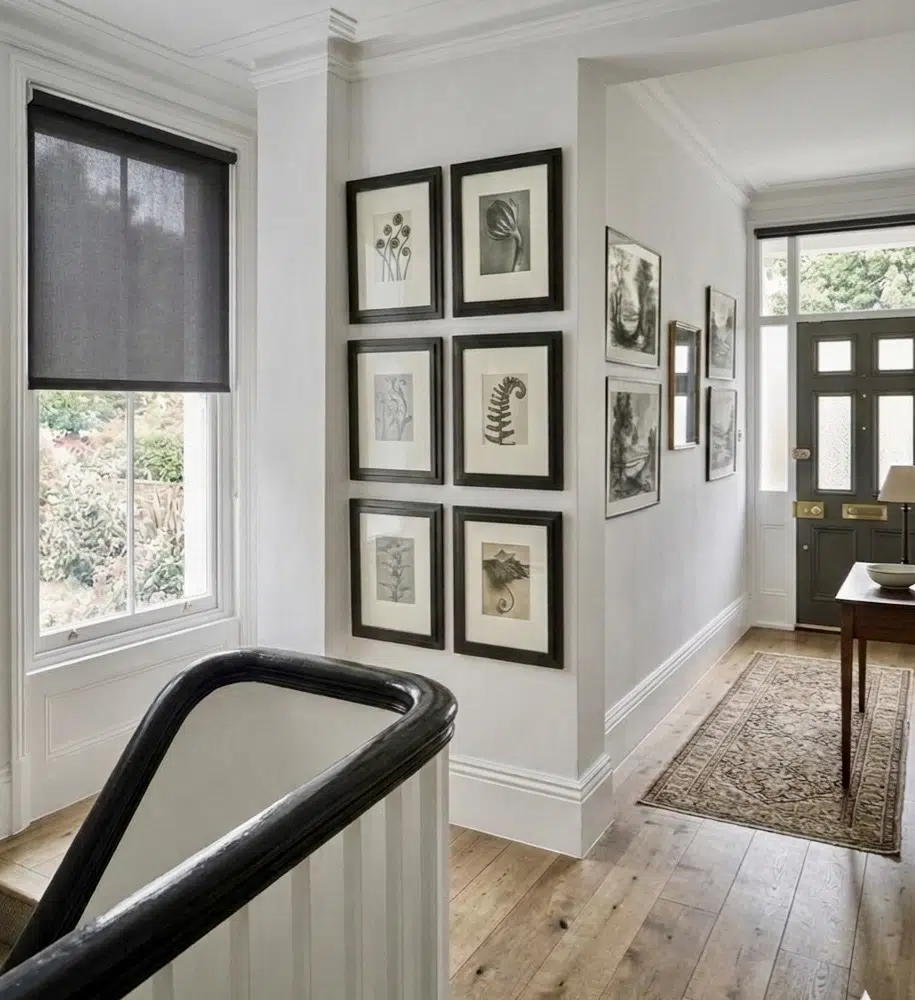 Charcoal sheer roller blind in a colonial hallway