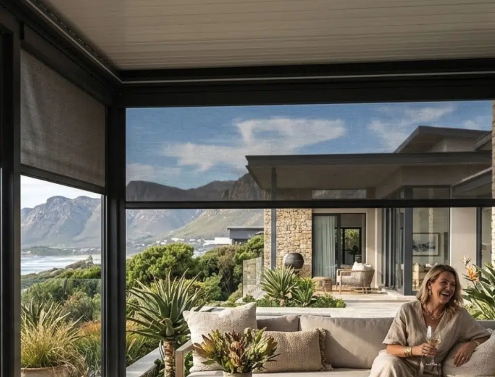 Sidetrack outdoor blinds with mountain and ocean views on a contemporary patio
