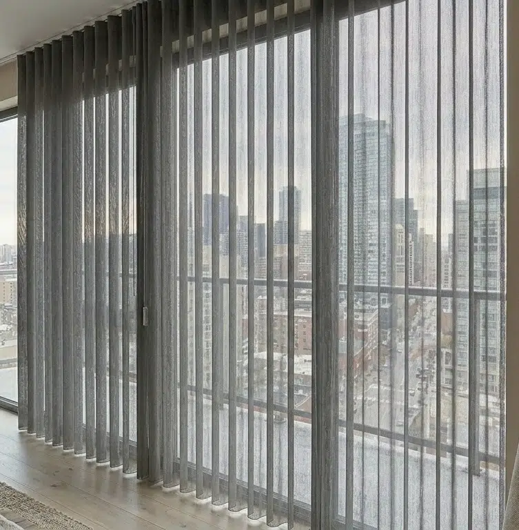 Vertishades sheer vertical blinds in dark fabric on floor-to-ceiling windows, filtering city views while maintaining privacy