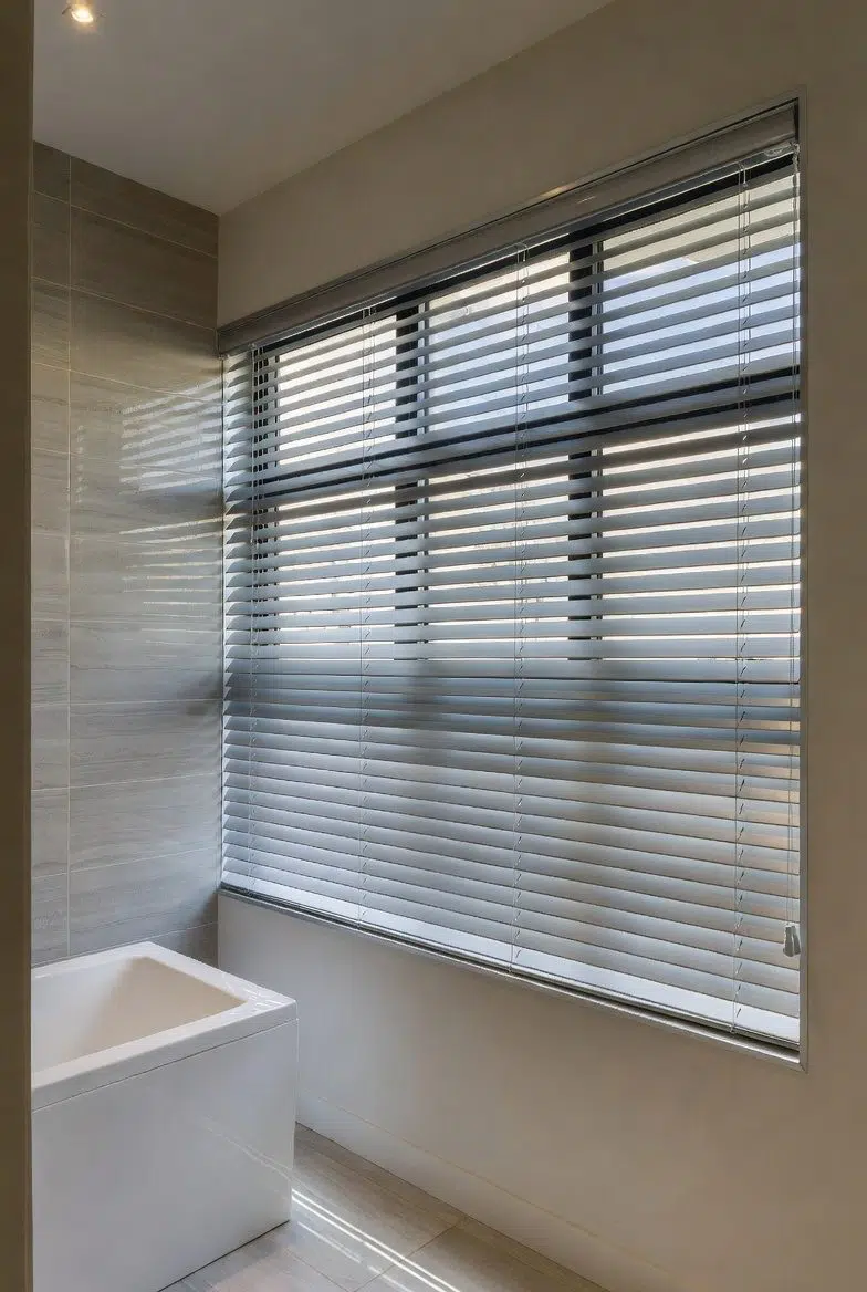 Aluminium venetian blinds installed in a South African bathroom, moisture-resistant 50mm slats in a coastal home, Custom Blinds South Africa