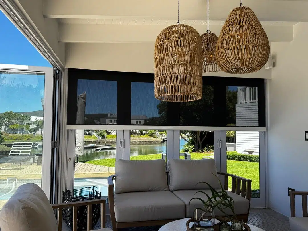 Outdoor screen blinds installed at Thesen Island Knysna by Custom Blinds Shutters and Awnings South Africa