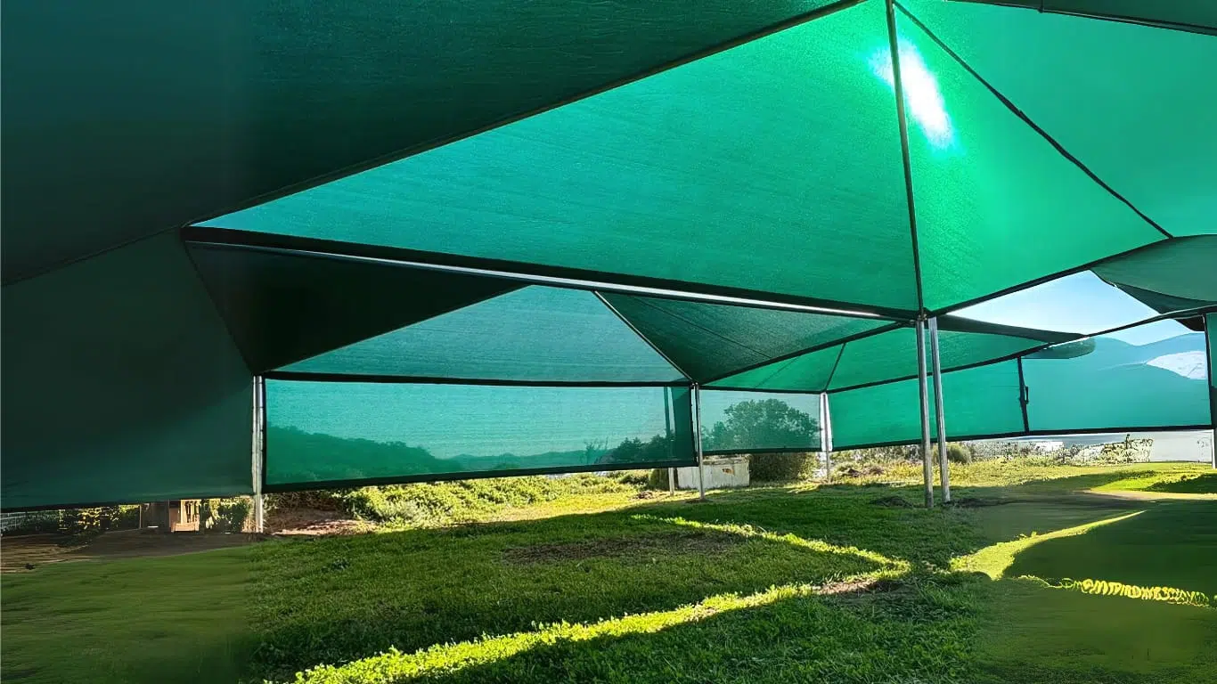 Green shade net shadeport viewed from underneath showing knitted HDPE cloth and galvanised frame, Garden Route | Custom Blinds Shutters & Awnings