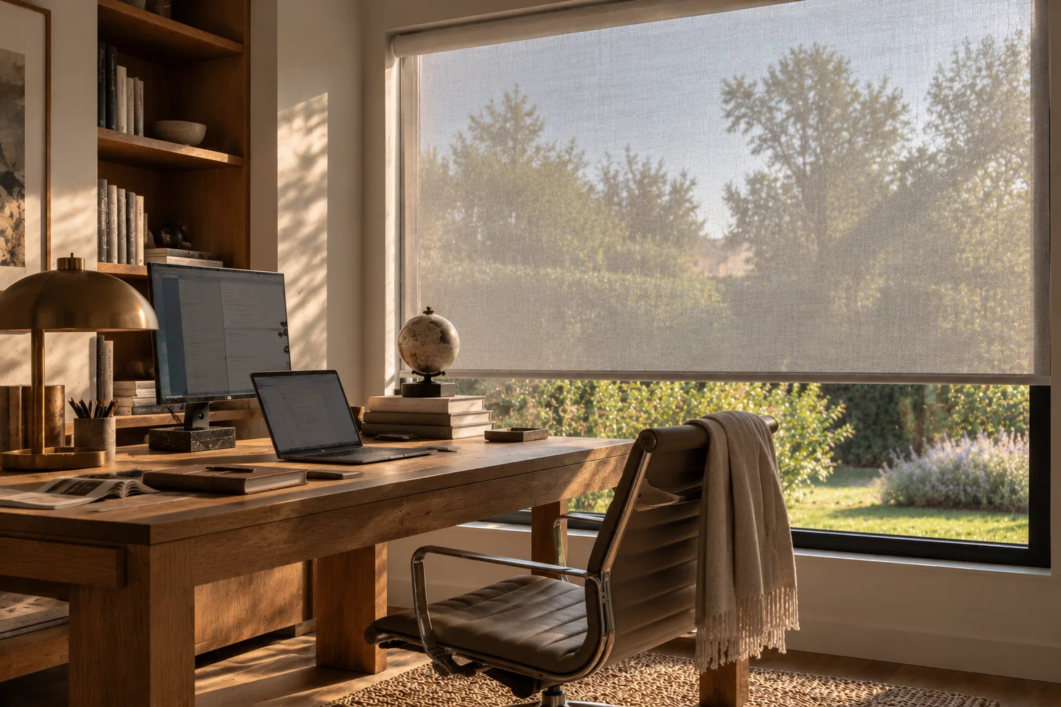 Sheer roller blind softening afternoon sun in a home office while the garden stays visible, from Custom Blinds Shutters & Awnings | expert window treatment specialists, South Africa