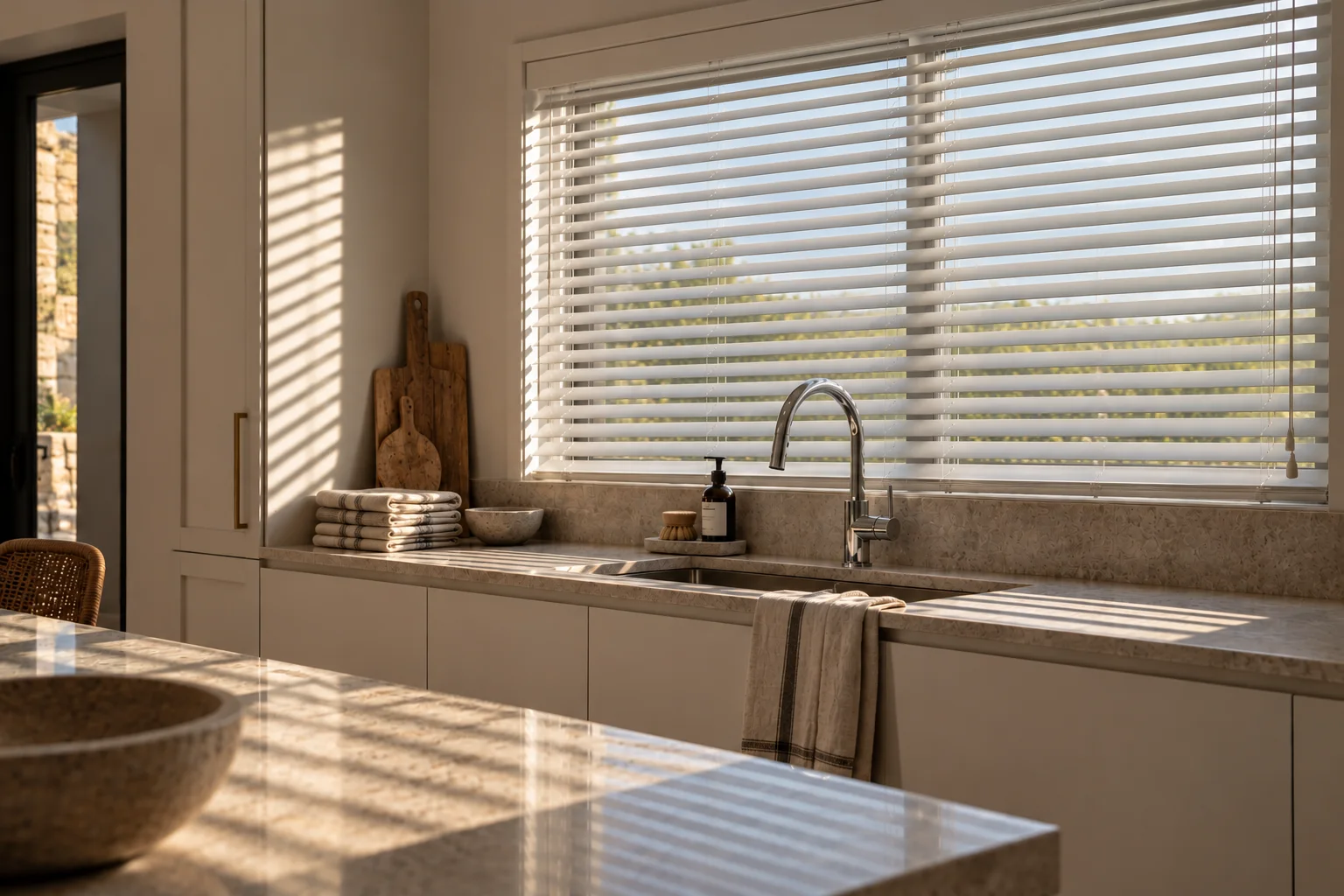 White Plaswood venetian blind above a kitchen sink, slats tilted for light and privacy, from Custom Blinds Shutters & Awnings | expert window treatment specialists, South Africa